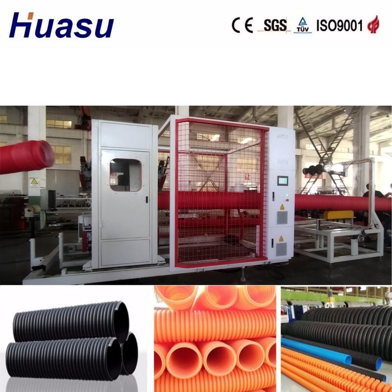 خط إخراج أنابيب الموجة مزدوجة الحائط الذي يتم التحكم به بواسطة PLC لأنابيب 32mm-1600mm بقدرة 100-3000kg / h